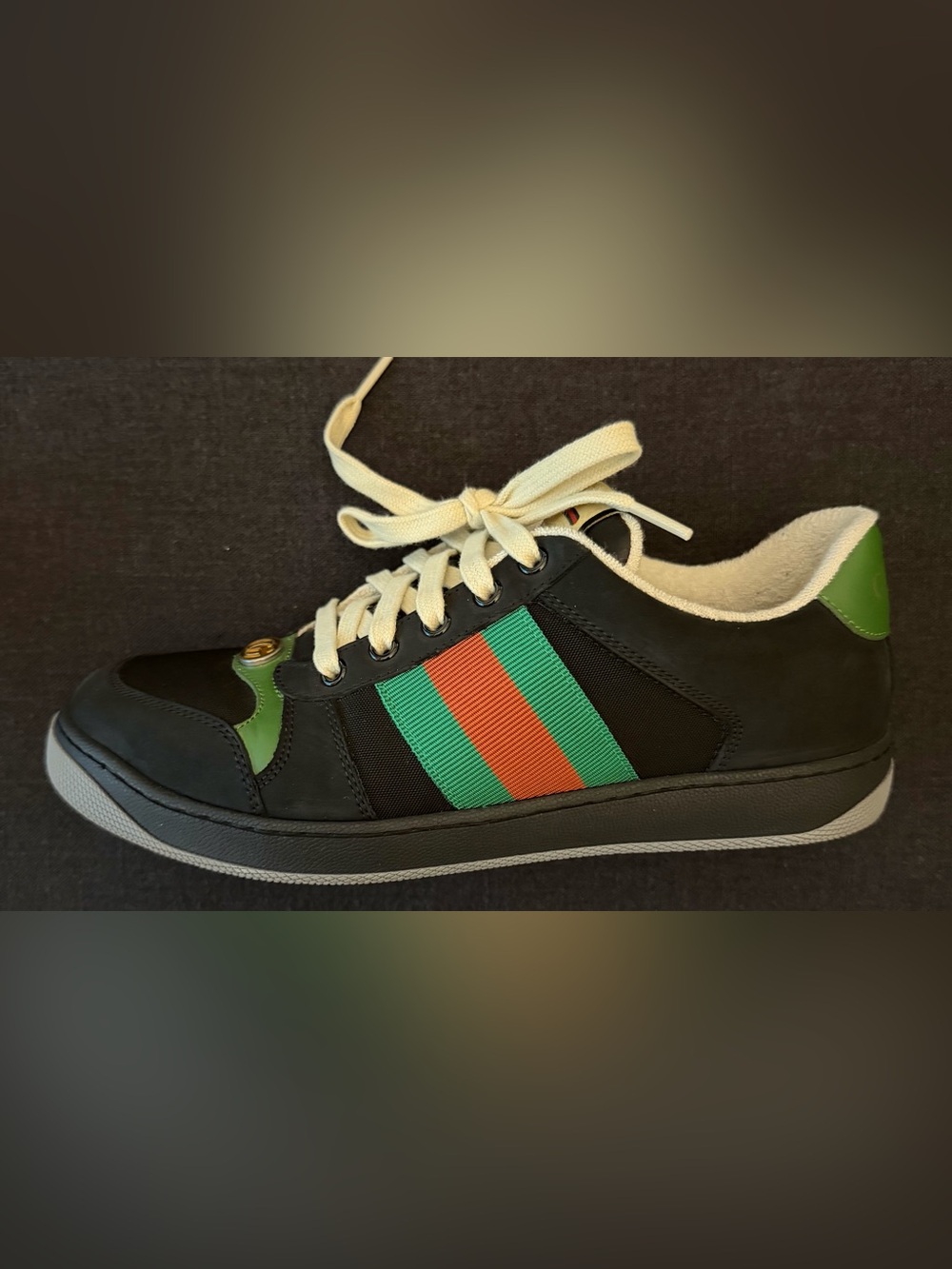 Gucci Black Screener Sneakers with Green & Red Stripe and Cream Laces